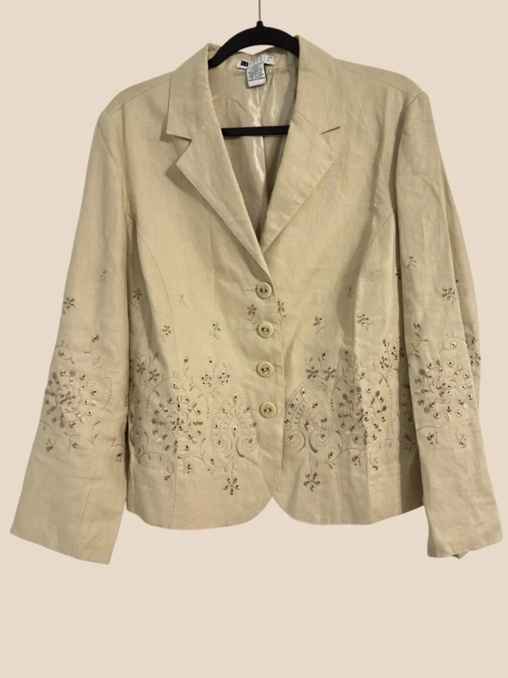 Carole Little Linen Embroidered Blazer Jacket Tan Button Front Floral Eyelet 16W